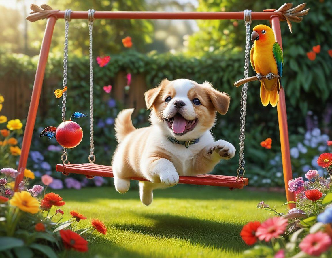 A joyful scene depicting a variety of pets - a playful puppy, a purring cat, and a cheerful parrot, all engaging in different fun activities like fetching a ball, playing with a feather toy, and perched happily on a swing. The background features a bright, sunny garden filled with flowers and butterflies, symbolizing happiness and care. Include whimsical elements like cartoon-style happy faces and hearts around the pets. vibrant colors. super-realistic.