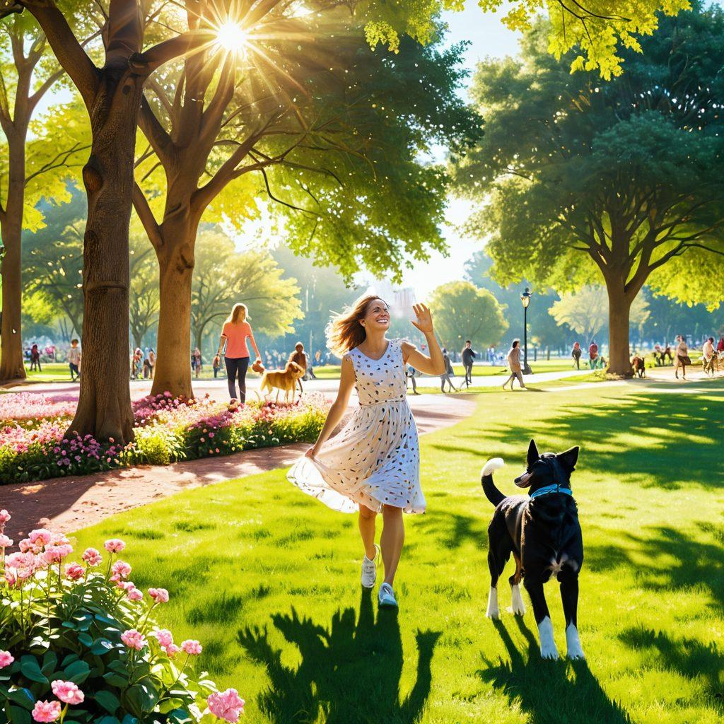 A heartwarming scene of a person joyfully playing with a dog in a sunlit park, surrounded by other pets and their owners enjoying the day. Vibrant expressions of happiness, with floating hearts symbolizing companionship. Include colorful flowers and trees to enhance the joyful atmosphere. super-realistic. vibrant colors. warm sunlight.
