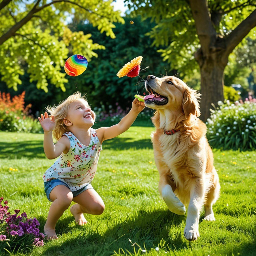 A joyful scene of a person playing fetch with a golden retriever in a sunlit park, surrounded by blooming flowers and trees. The person is smiling, radiating happiness, with a colorful frisbee in hand. Include playful kittens in the background and a small child laughing, emphasizing the bond between pets and their owners. warm colors. vibrant and cheerful atmosphere. super-realistic.